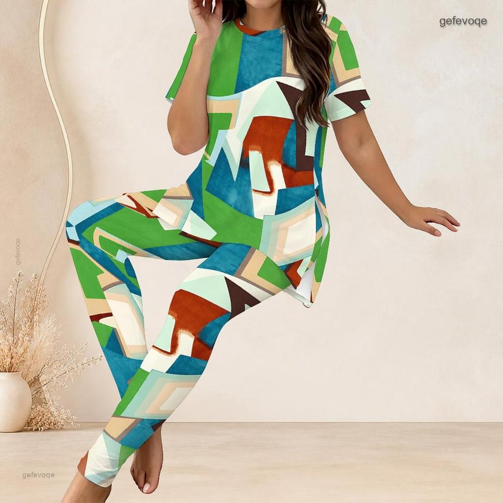 Women Plus Size Striped Printed Round Neck Short Sleeve Two Piece Set Long Top And Fitted Pants