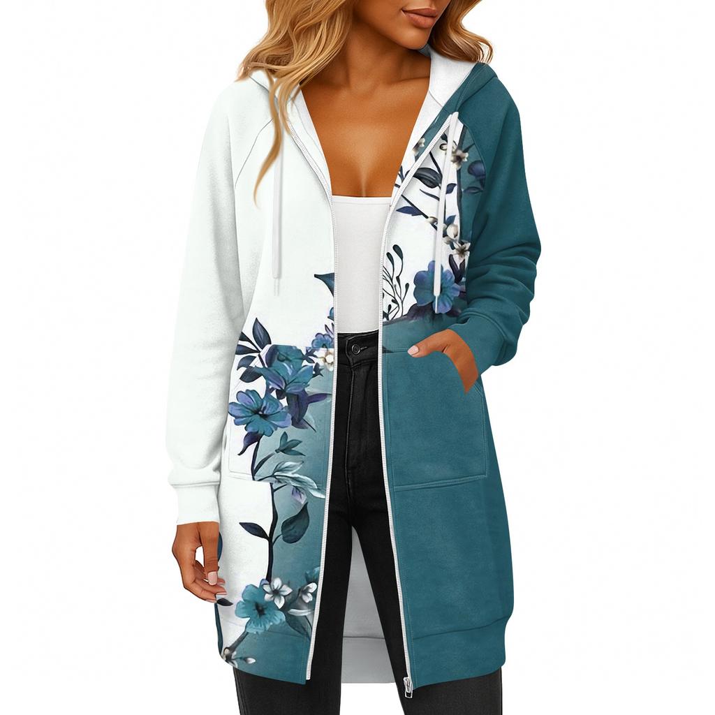 Women's Fashionable Printed Long Sleeved Drawstring Hooded Zipper Pocket Long Casual Sweatshirt Jacket