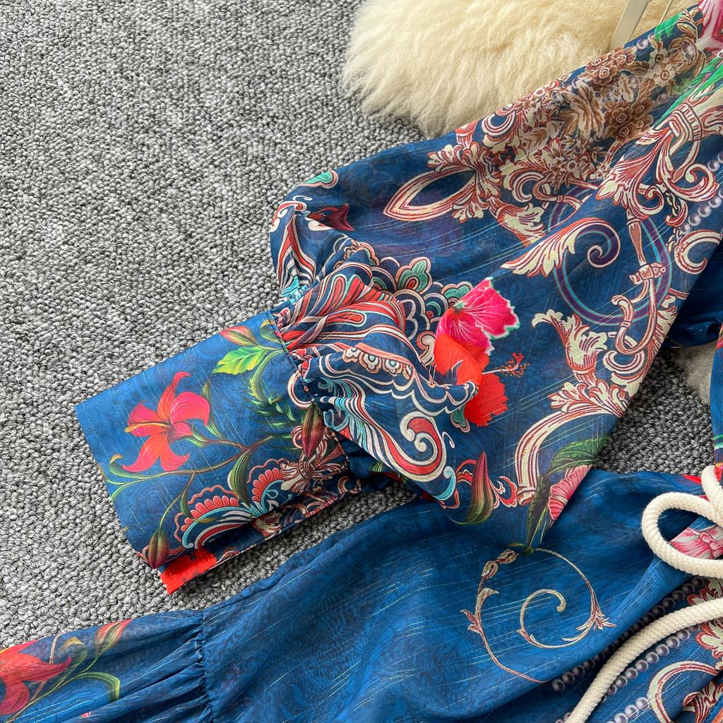 Весна-лето Женское винтажное платье с принтом дворца на подиуме с рукавами-фонариками Длинные макси-платья для отдыха на пляже с поясом