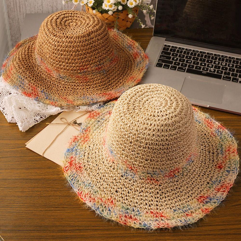 Foldable Wide Brim Straw Hat Colorful Women's Sun Visor Hats Casual Weave Bucket Hat Holiday