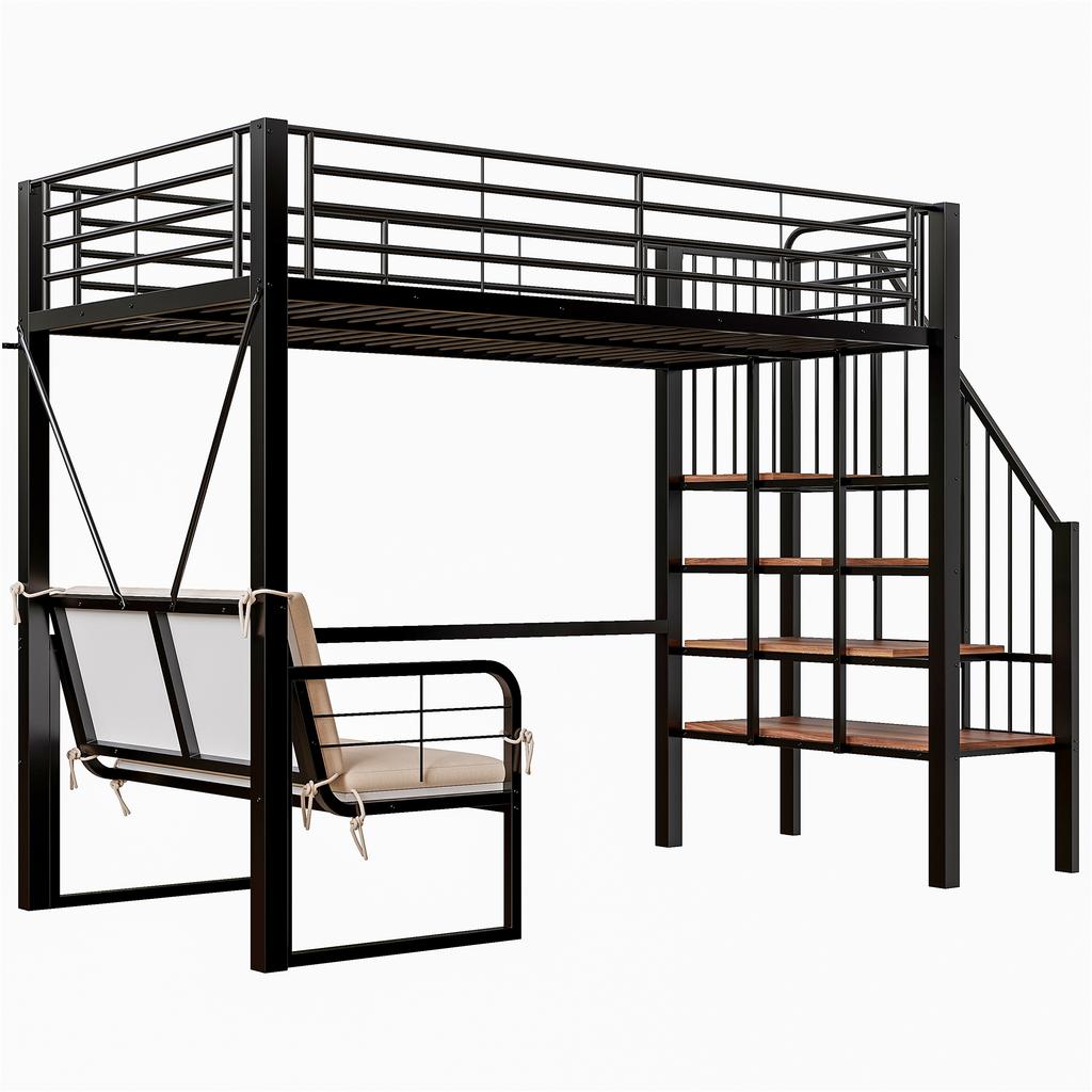Bunk bed (90 x 200) with sturdy metal frame, removable upholstered sofa, storage space and safety staircase. Suitable for children and adults. Black.