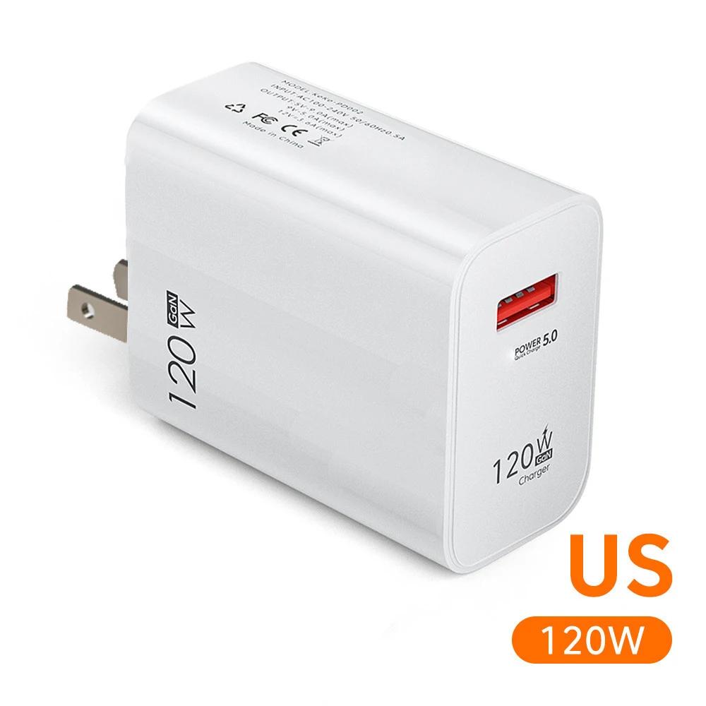 Быстрое зарядное устройство 120 Вт Quick Charge 3.0 с кабелем Type C для iPhone, Samsung, Xiaomi, Huawei - Штекер EU/US