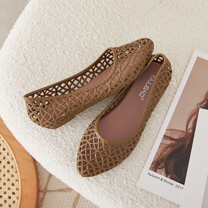 Летние женские пластиковые сандалии из желе с плоской подошвой, нескользящая рабочая обувь с полыми отверстиями, нескользящая пляжная обувь