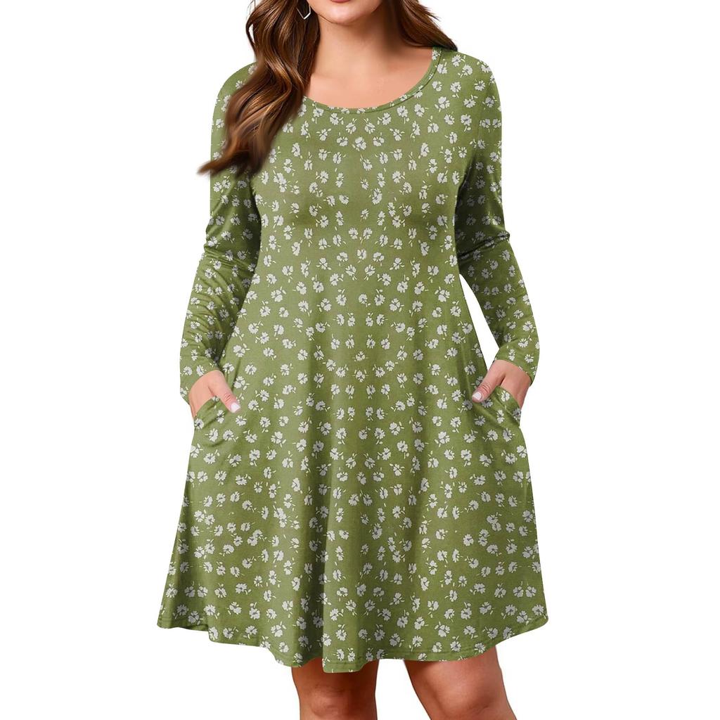 Plus Size Women's Gradient Print Casual Spring/Autumn Pocket Round Neck Long Sleeve Dress