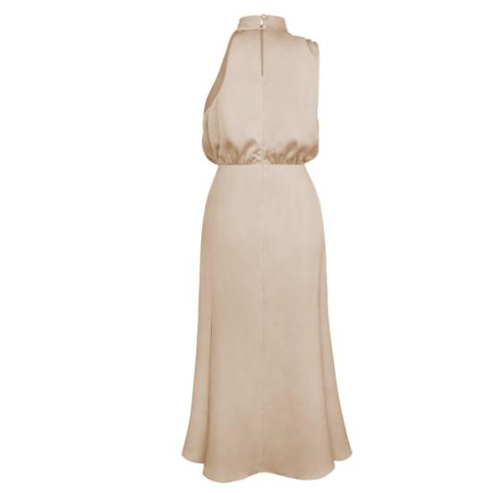 Облегающее женское платье с воротником-стойкой и лямкой на шее без рукавов, гладкое атласное вечернее платье миди со свободным подолом