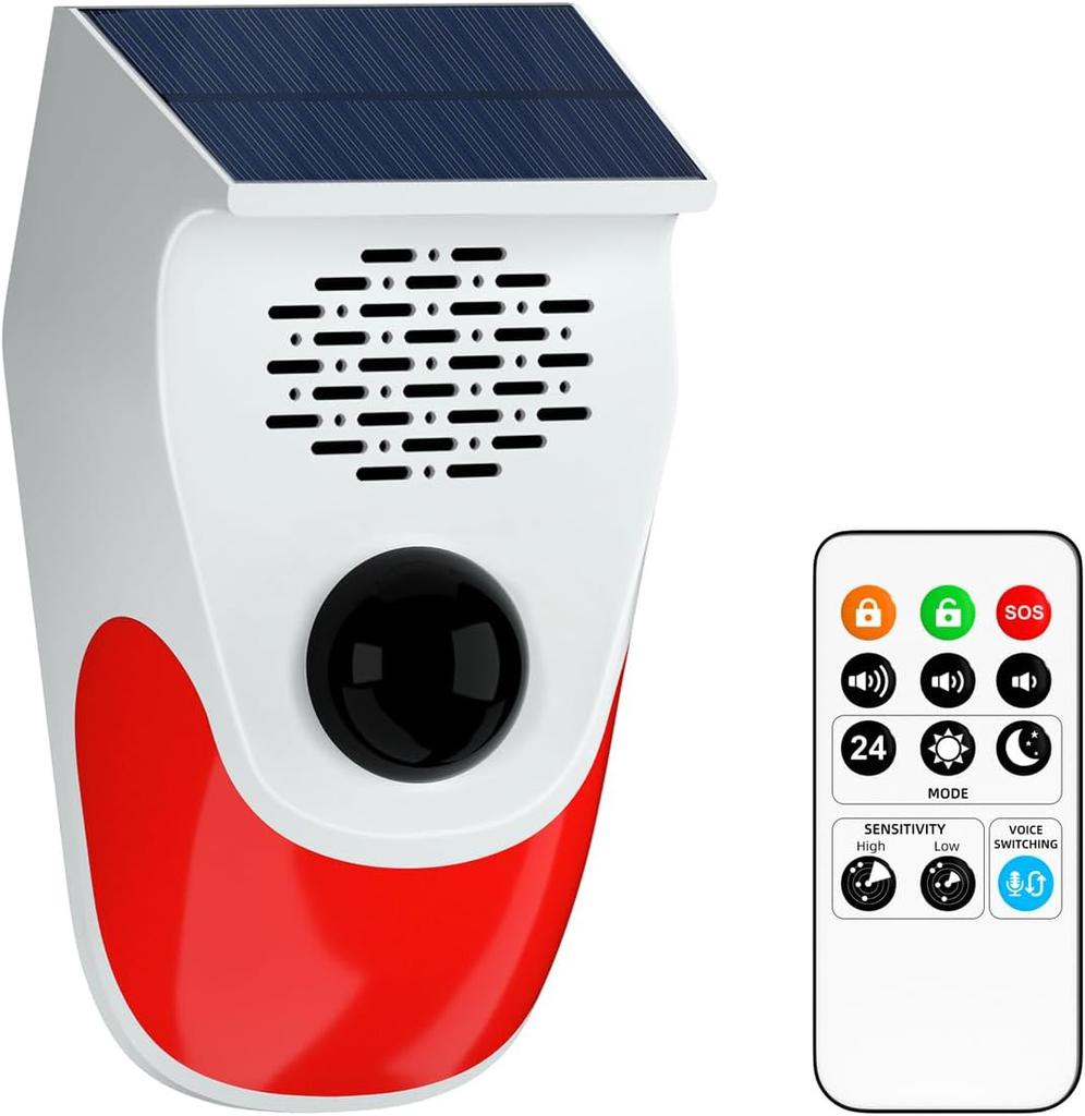 Солнечный голосовой оповещатель. Инфракрасный детектор человеческого тела. Высокодецибелная звуковая и световая сигнализация с несколькими режимами работы.