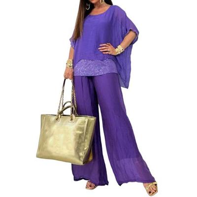 Yousheng, 2 шт./компл., женская футболка, комплект брюк, свободный комплект с круглым вырезом и рукавами «летучая мышь», блестящий топ с пайетками, высокая талия, широкие двухслойные брюки, повседневный повседневный наряд