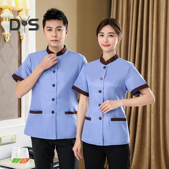 Униформа для ведения домашнего хозяйства в отеле, женская облегающая верхняя одежда с воротником-стойкой и короткими рукавами, однобортные карманы, рабочая униформа, топы