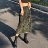 Vintage Long Skirt Green Floral Print Women Y2K High Street Grunge Fashion Elegant Mid-Calf Skirt 2000s Korean Fashion