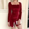 Autumn New Solid Color Velvet Dress Sexy U-neck Style Round Neck Slit Skirt