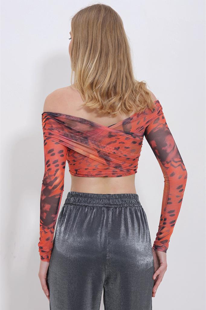 Women's Blouse New Season Fashion Tile Back Front Double Breasted Collar Tulle Detailed Crop Blouse