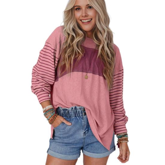 Женская футболка с круглым вырезом и длинным рукавом, контрастного цвета, свободный крой