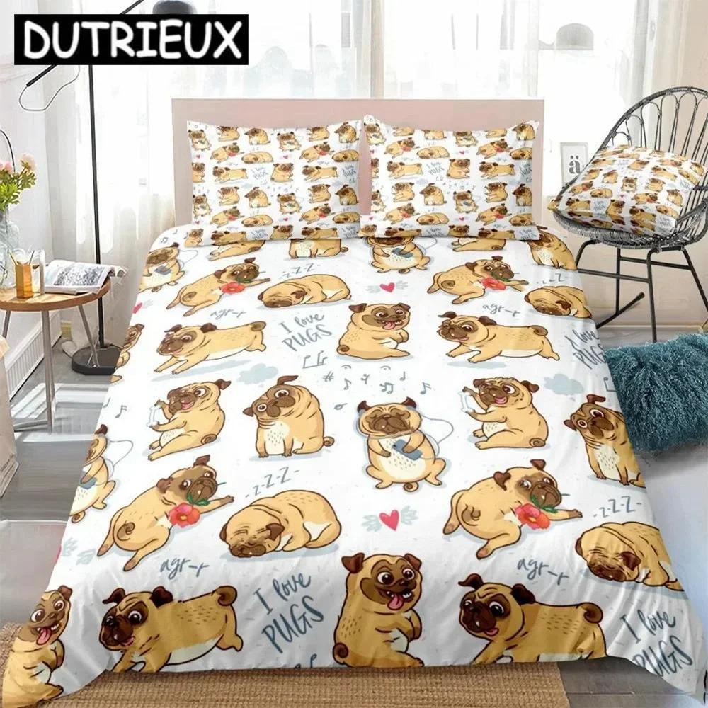 Cartoon Pug Dog Duvet Cover Set 3D Pilot Cute Animal Bedding Set Kids Boys Bed Linen Pillowcases Twin Full Home Textiles 3pcs