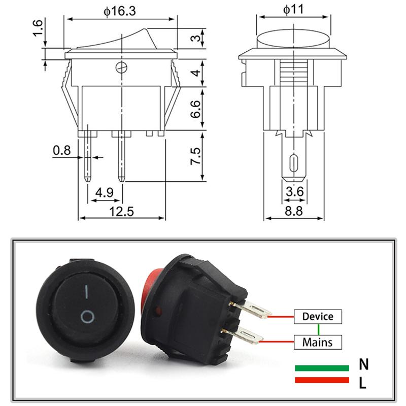 10 шт. Мини-круглые 2-контактные маленькие круглые лодочные переключатели-клавиши черного, черного и красного цвета KCD1-105