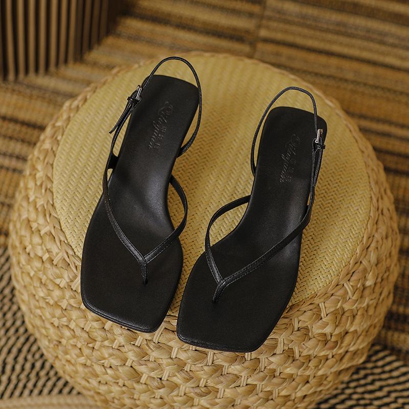 Women Sandals Leather High Heeled Sandals Women's Slippers Summer Outside Stiletto Back Strap Threaded Flip Flops Cool Slippers