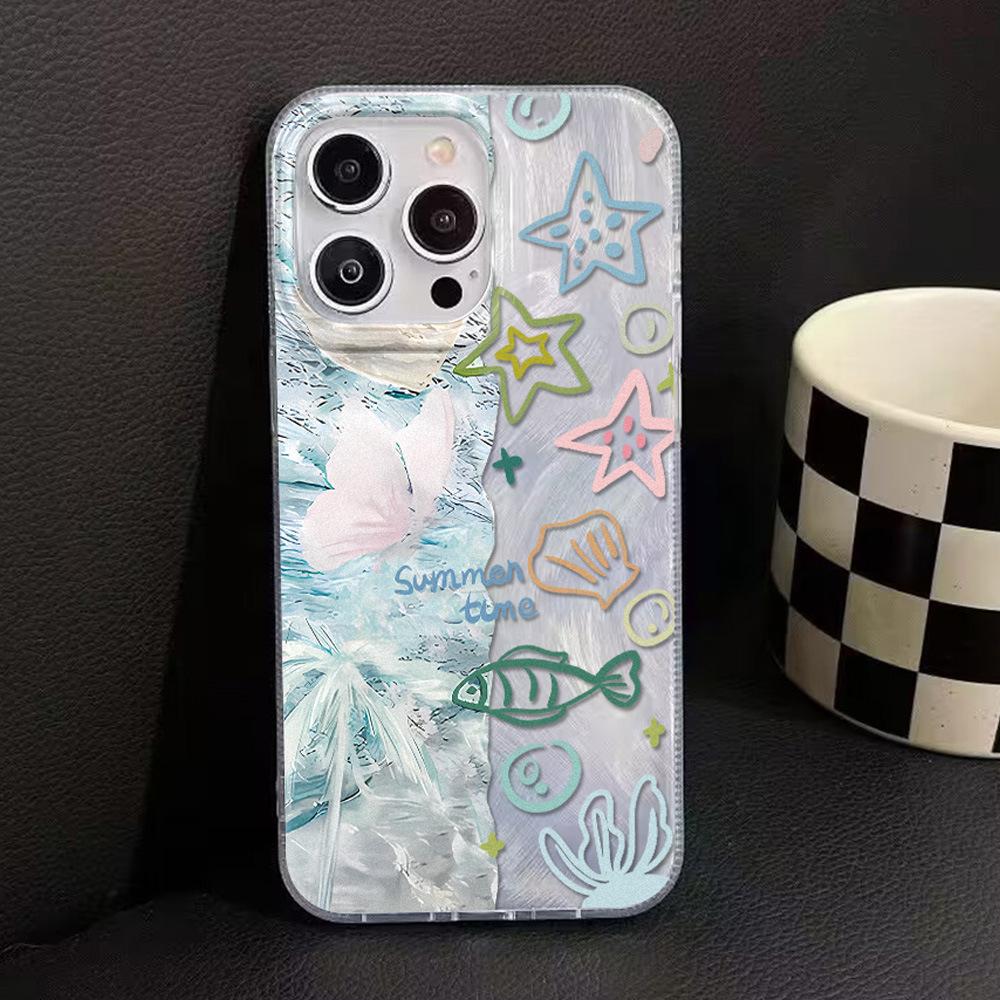 Ins летний морской мир ракушка маленькая рыбка для iPhone17 перьевая пряжа 16 лазерный чехол для мобильного телефона 15/14 большое отверстие