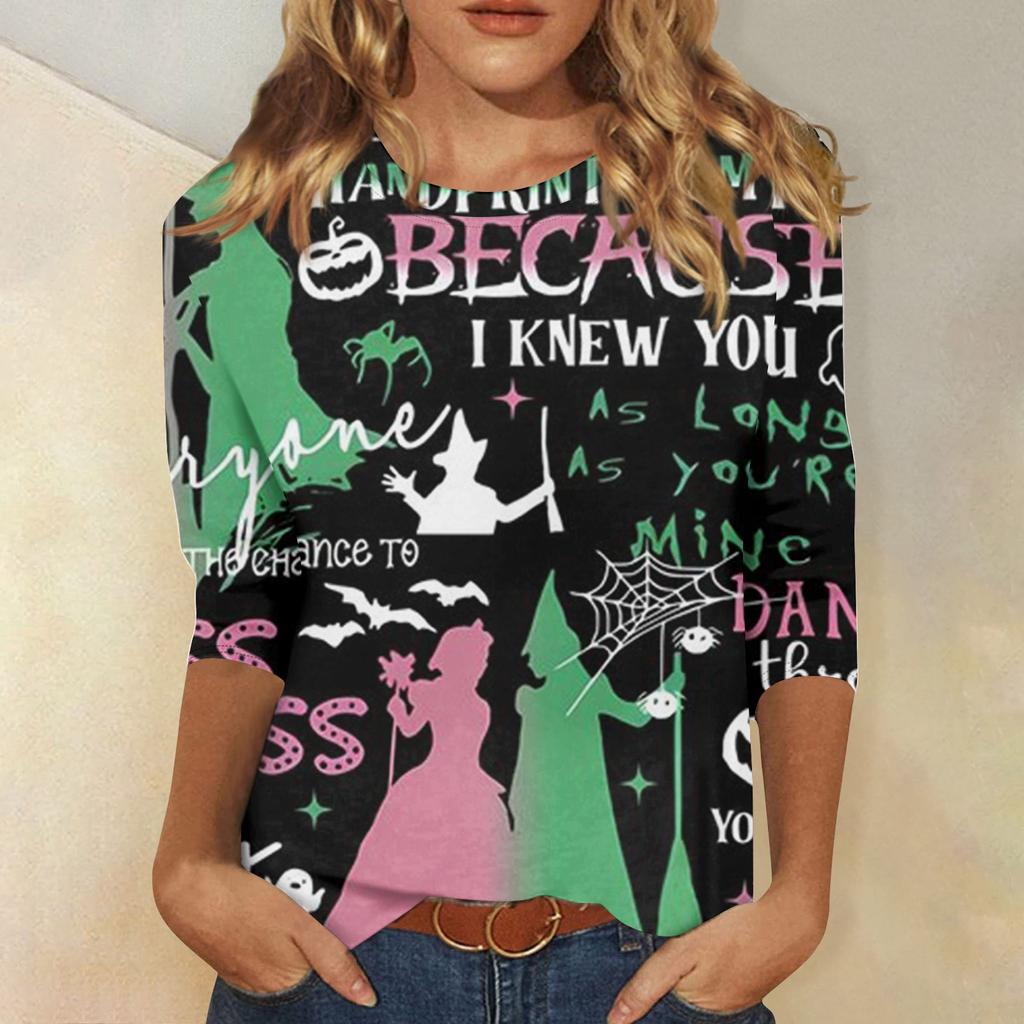 Женская модная повседневная футболка с круглым вырезом и принтом «Bad Witch» с семью рукавами
