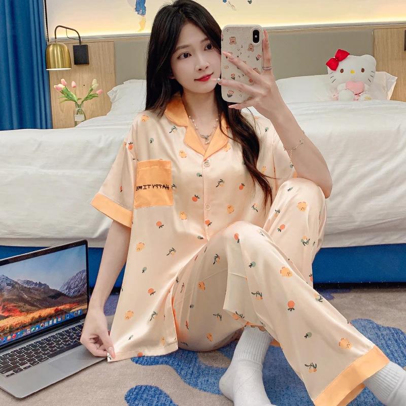 Cute Cartoon Chicks Print Y2k Women Pajamas Korean Ins Little Flower Tomato Sleepwear New Summer Fashion Nightgown
