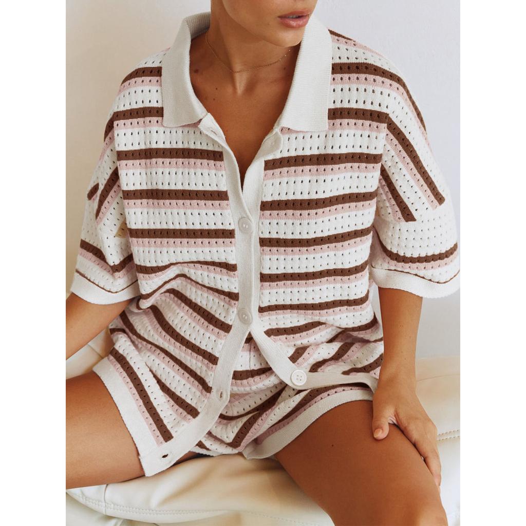 Трикотажные женские шорты из двух частей, комплекты домашней одежды, комплекты в полоску, контрастные цветные пуговицы, вязаные крючком топы и шорты, подходящие комплекты