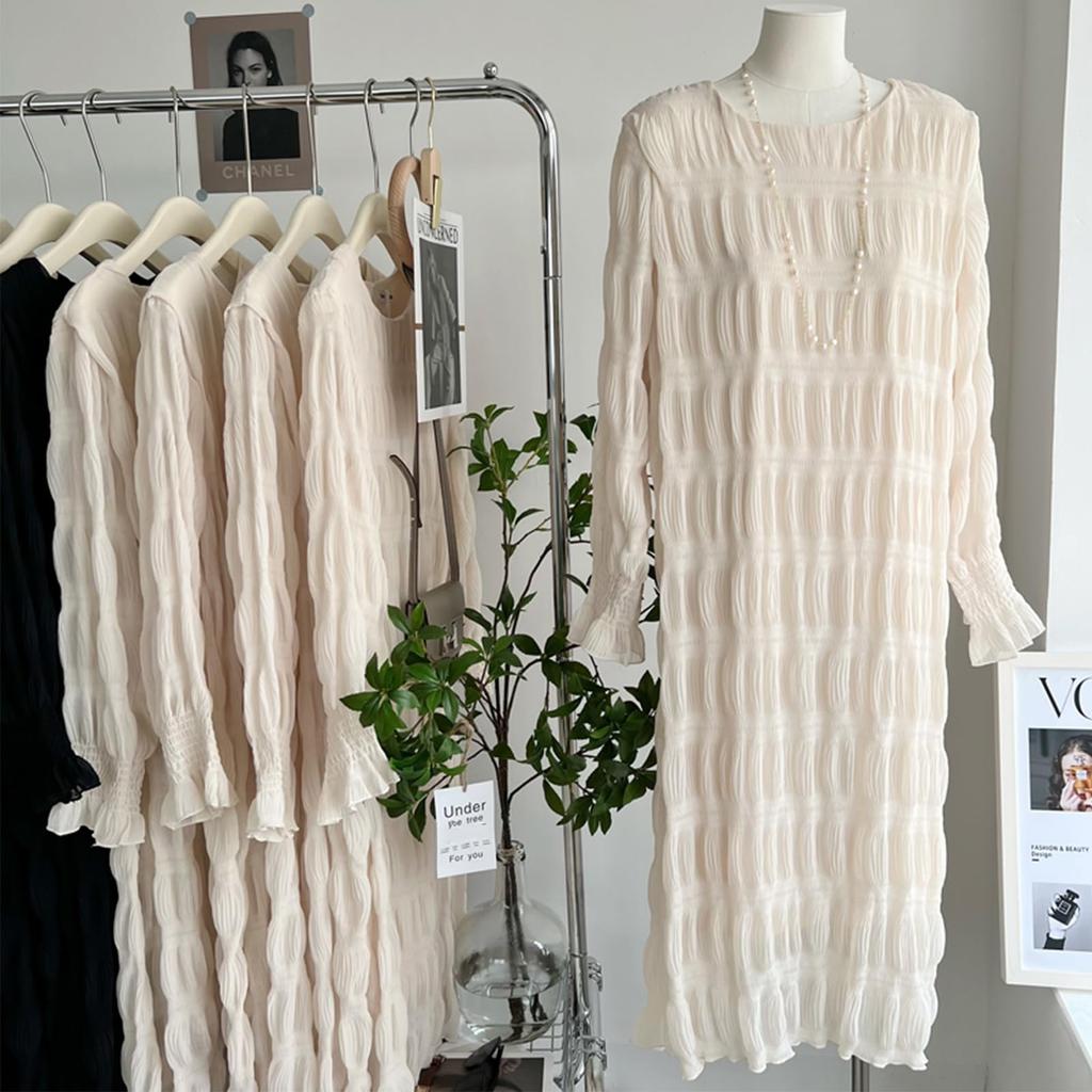 Длинное шифоновое платье с плиссированными рукавами-буфами Стильное платье для повседневной носки и осени [OGCPWYQZ] Женское, с рукавами, на подкладке, стройнящее, для вечеринок, свадеб, поездок,