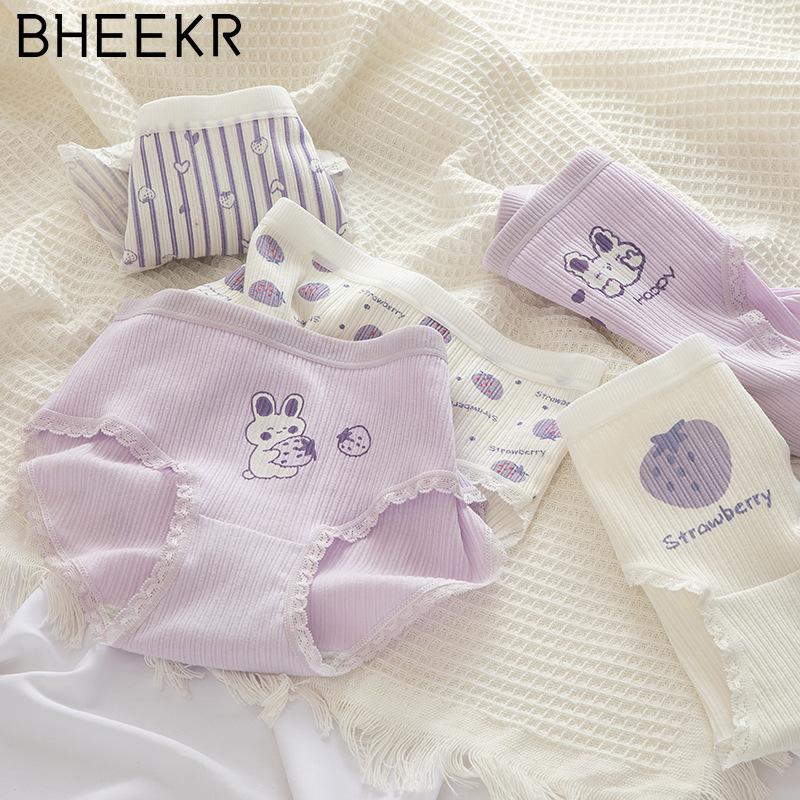 5pcs/set Cute Purple Girl Cartoon Rabbit Thread Cotton Strawberry Girl Student Mid-waist Panties Female