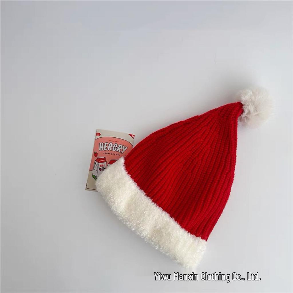 Детская праздничная теплая вязаная шерстяная шапка - Красный плюш для Рождества и Нового года