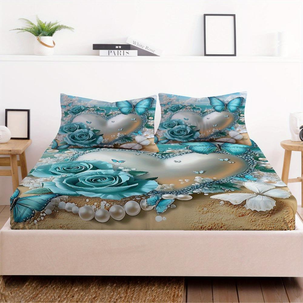 3pcs Blue Fitted Sheet Set Butterfly Rose Heart Love 3D Printed 100% Polyester Cover Breathable Bedding Set with 2 Pillowcases