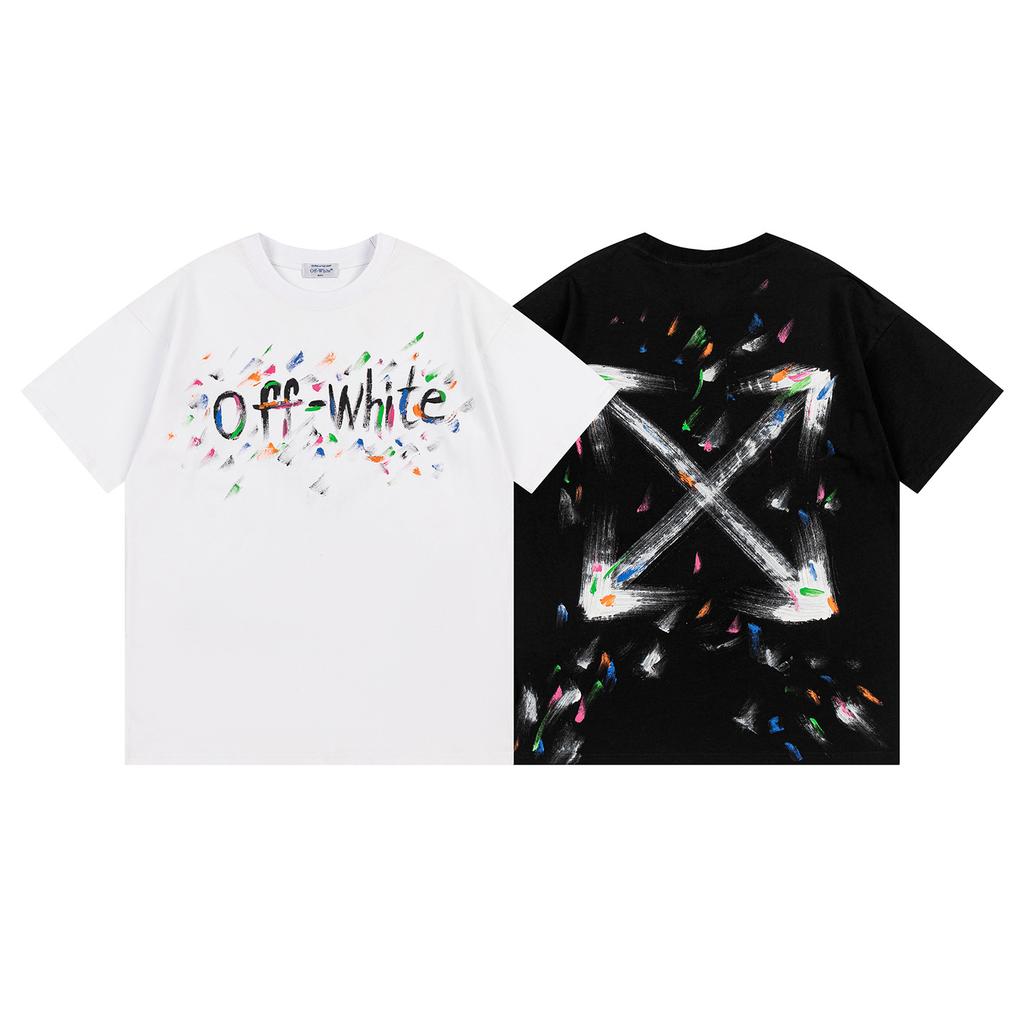 9068 Off-White 2025 Spring/Summer New Colorful Letter Arrow Pattern Round Neck Hooded Short Sleeved Men's and Women's T-shirts