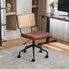 Vintage Rattan Office Chair with Wheels - Adjustable Swivel Desk Chair with Leather Seat & Wooden Frame for Home Office, Study, Living Room (Brown)