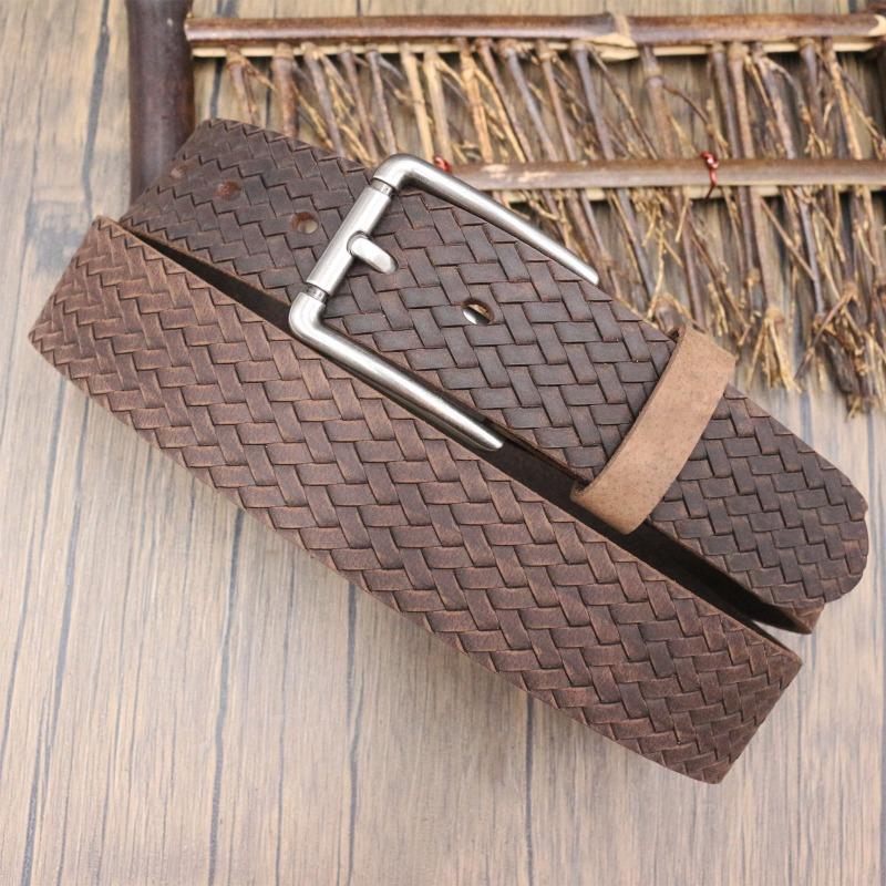 Retro woven carved Crazy Horse leather belt, men's old first-layer cowhide belt