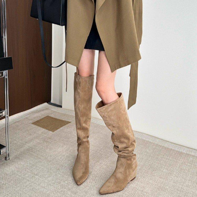 Huge Good-Looking Knee Boots Women'S New Popular Flat-Bottomed Brown Thin Boots Maillard Tall Stacking Boots