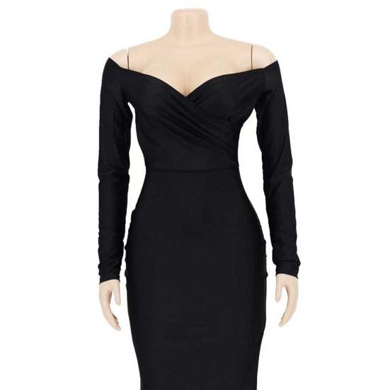 Женское вечернее платье с V-образным вырезом, открытыми плечами, боковыми разрезами, длиной до пола, длинными рукавами, плиссированное, облегающее