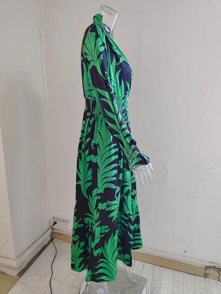 Женское длинное платье с V-образным вырезом и длинным рукавом в стиле бохо с принтом больших размеров