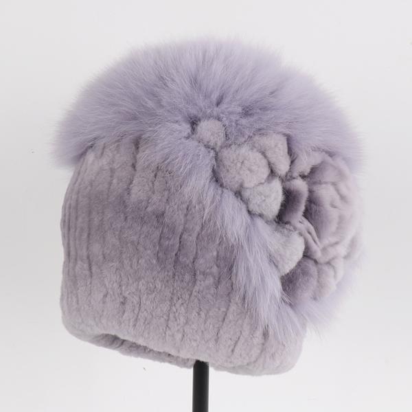 Luxury Warm Real Fox Fur Bomber Hat Female Winter Hand Knitted Real Rex Rabbit Fur Hats Women Outdoor Rex Rabbit Fur Flower Cap