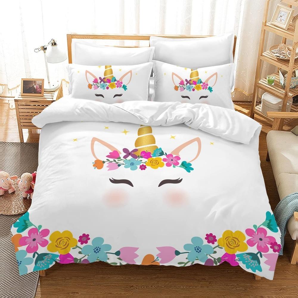 Постельное белье с единорогом Детский постельный комплект с пододеяльником и 2 наволочками, мультяшное микрофибровое мягкое постельное белье для девочек