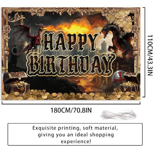 Dragon Birthday Party Decorations Banner - Happy Birthday Medieval Dragon Theme Decoration Backdrop, Dragons Castle Flame Party Supplies Photo