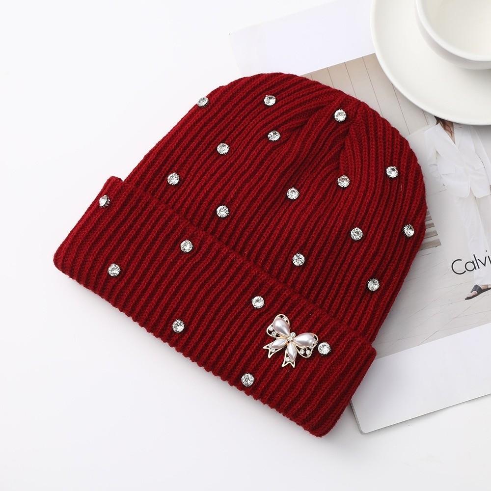 Solid Color Crystal Pearl Bow Beanie Warm Pullover Hat Fashion Knit Hat Outdoor