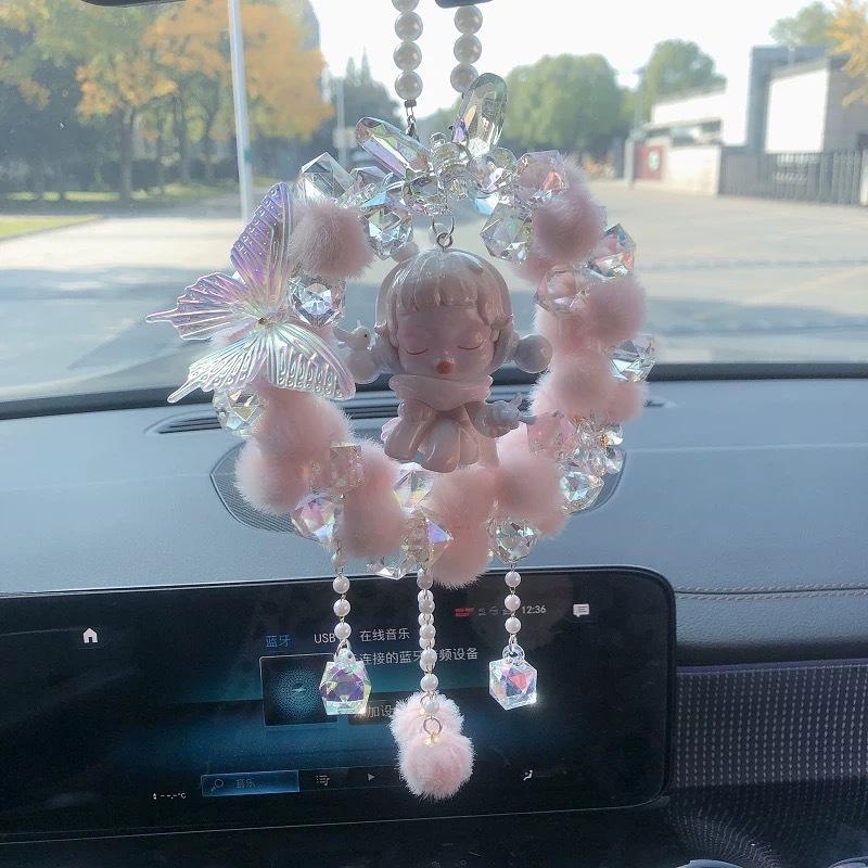 Car Rearview Mirror Ornament: Pom-Pom Butterfly, Fully Embellished, Ready-to-Hang, Cute Gift for Girls