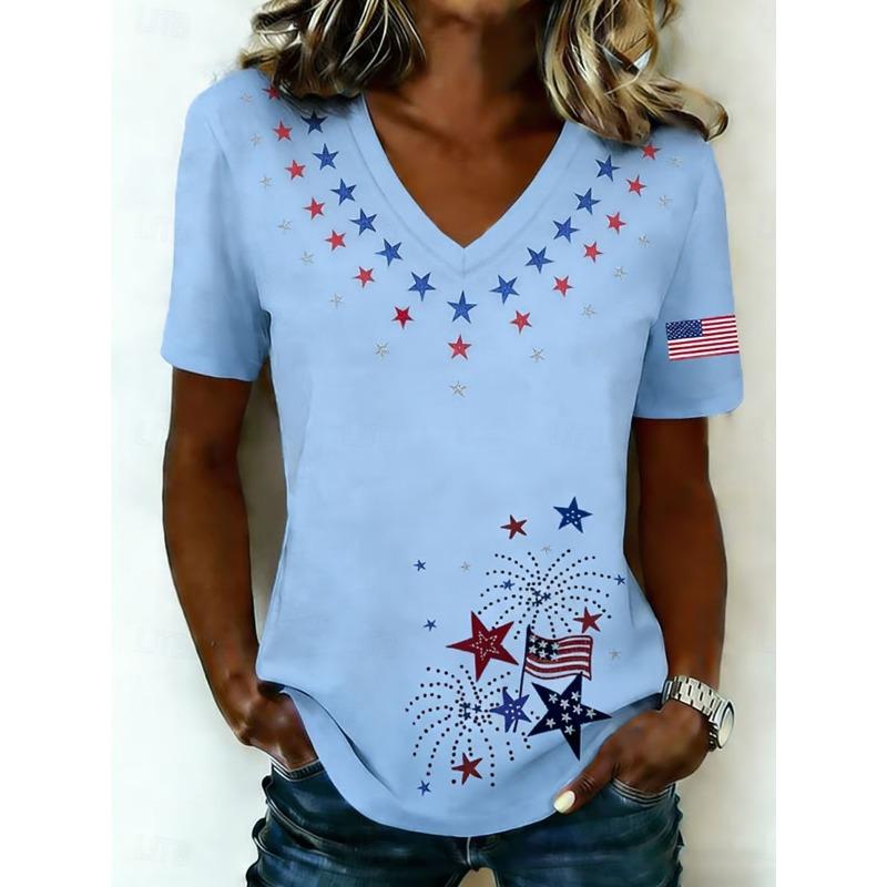 Women's T Shirt Print Graphic Flag Vintage Stylish Classic Short Sleeve V Neck Long Tops Summer Spring