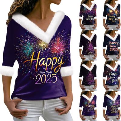 Женская футболка с рождественским принтом, длинный рукав, флисовый воротник, V-образный вырез, футболка