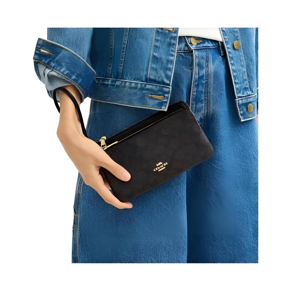 Coach Кошелек на двойной молнии 21 Дизайн с логотипом Застежка-молния Кошелек из покрытого холста и кожи Женский кошелек Черный CX161-IMXAQ