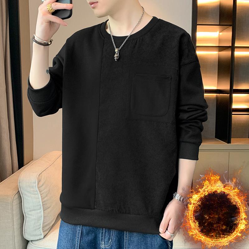 Long Sleeve T-shirt Men's Autumn Round Neck Loose Pullover Trend On Clothes Autumn and Winter Casual Plus Fleece Hoodie