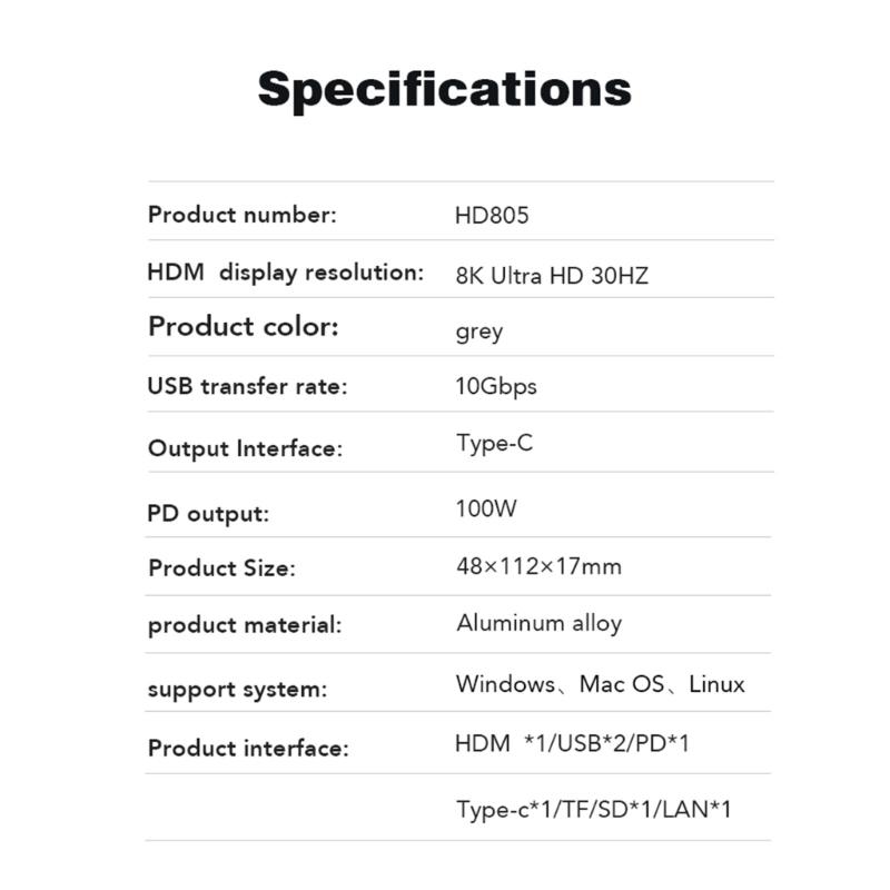 Алюминиевый концентратор TypeC e Rj45 1000M PD100w для HDTV ноутбука SSD адаптер док-станция USB
