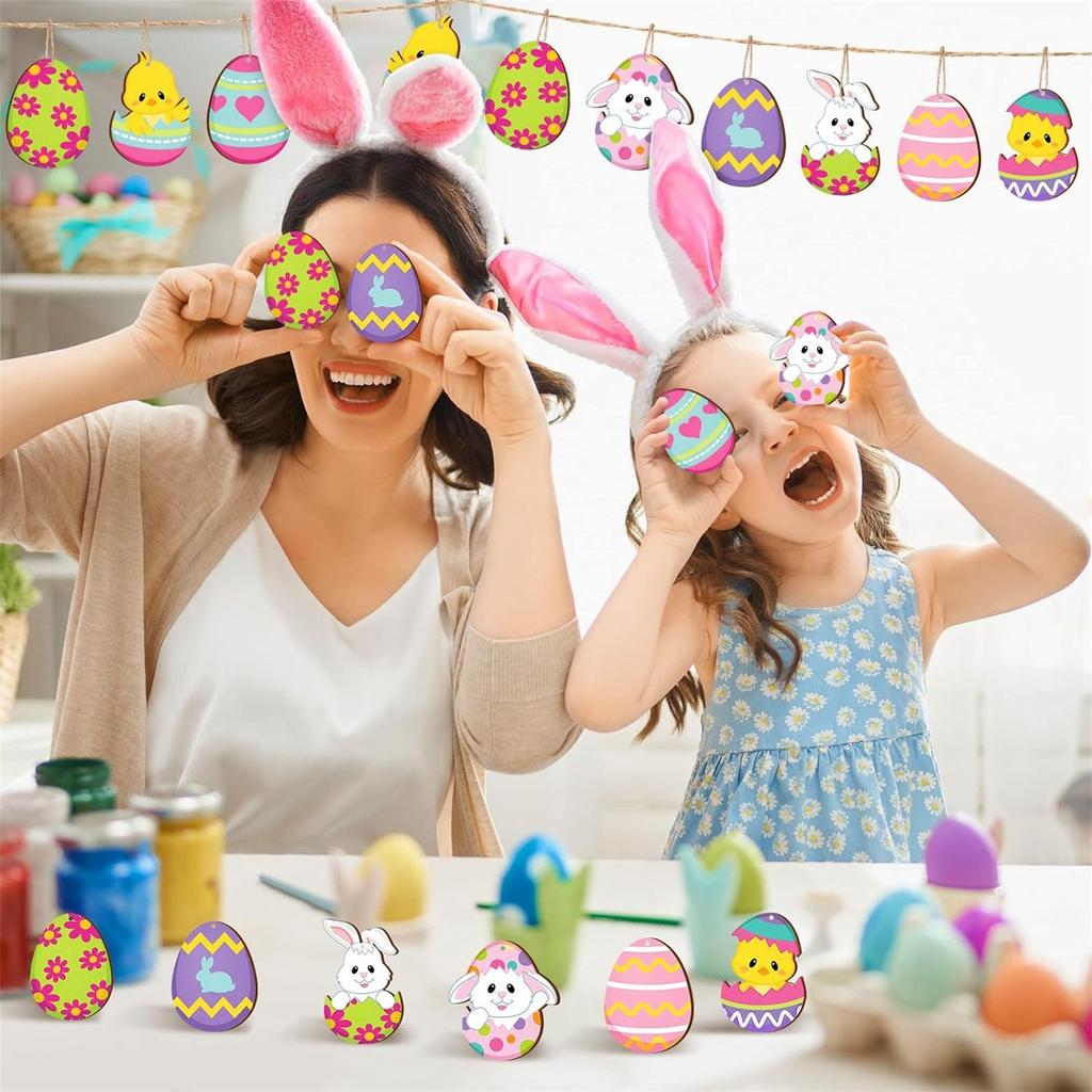Easter Wooden Decorative Rope Easter Egg Bunny Carrot Wooden Hanging Spring Easter Party Decorative Wood Chips (Easter Eggs)