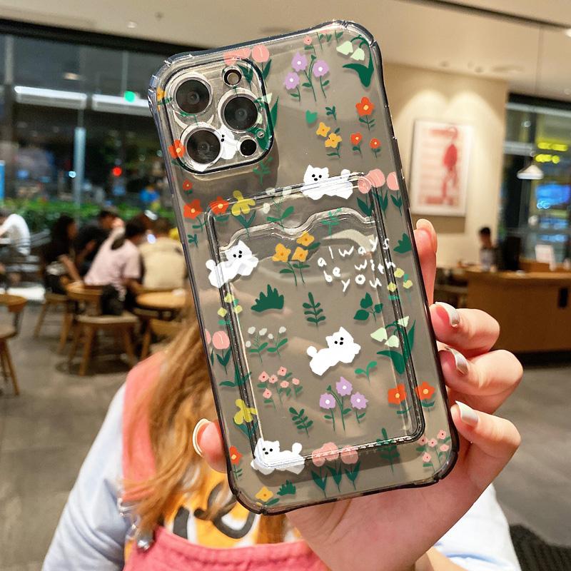 Чехол для телефона с держателем для карт для iPhone 13 Funda iPhone 11 16 Pro Max 16E 14 15 12 XR X Xs 7 8 Plus, противоударный, мягкий, с цветочным узором из ТПУ