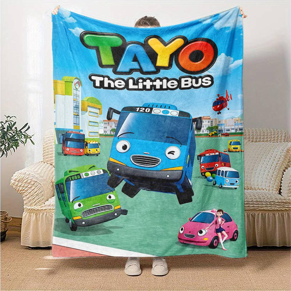 Tayo the Little Bus Print Flannel Blanket High Quality Warm Comfortable Cover for All Seasons Perfect for Gifts Home Decor