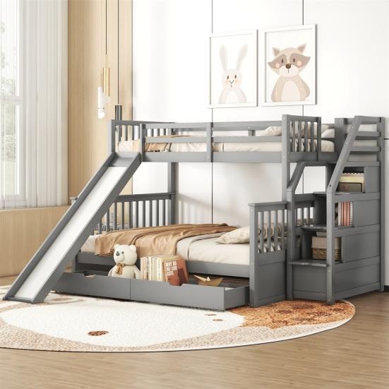 Family Bed Stable Base Bunk with Drawers Ladder Slide Storage Flat Shelves Wood Frame Loft Bedroom Furniture Children