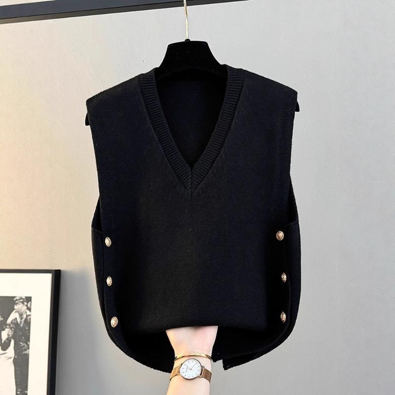 Spring Autumn New Women's Loose Outer Wear Knitted Vest V Neck Solid Color Minimalist Fashion Sweater Gilet Top