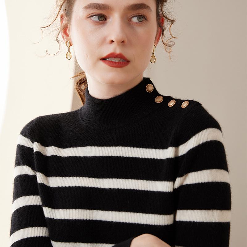 Autumn 2023 Striped Cashmere Knit Sweater - Women's Stylish Base Layer