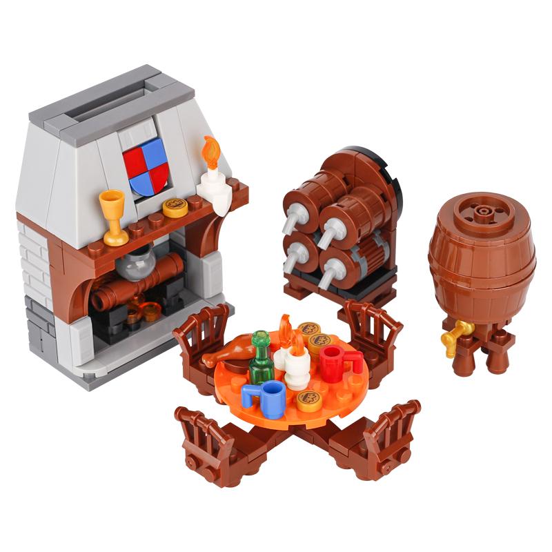 MOC Средневековая городская сцена Строительные блоки Доска объявлений Таверна Камин Костер Судейское место Вид улицы Кирпичная игрушка